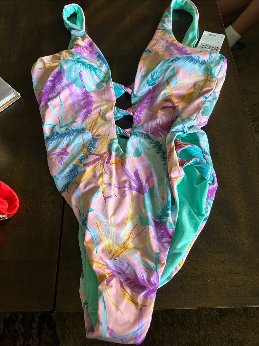 Bar III Pink Floral One-Piece Swimsuit with Turquoise and Purple Accents